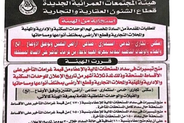 قرار مهم من هيئة المجتمعات العمرانية بخصوص غرامات التأخير على الأقساط